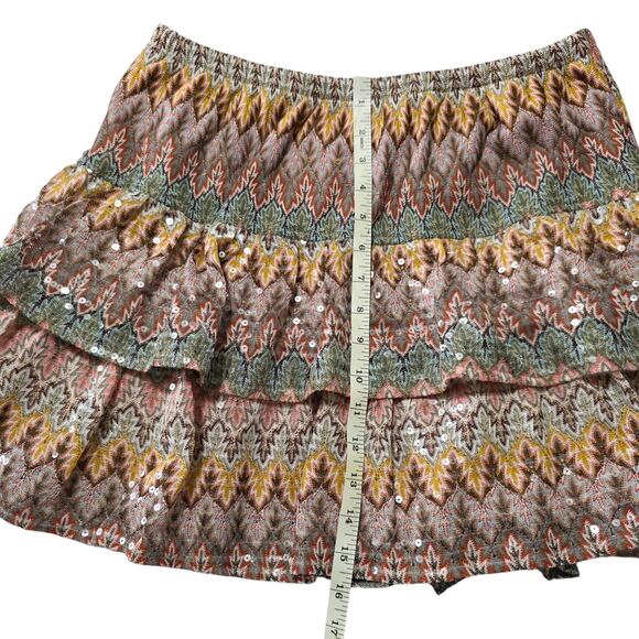 Y2K Vanity L Tiered Mini Skirt Boho Sequin Zigzag Print Ruffle Layered Womens - Picture 4 of 7